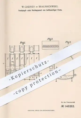 original Patent - W. Greiner , Braunschweig , 1902 , Apparat zum Kochen , Verdampfen | Zucker , Zuckerfabrik , Heizung
