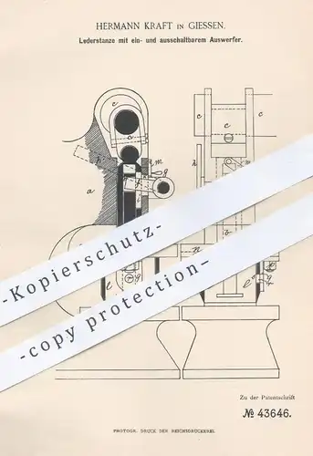 original Patent - Hermann Kraft , Giessen , 1887 , Lederstanze mit Auswerfer | Stanze für Leder | Buchbinder , Buch !!!