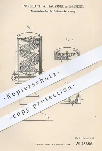 original Patent - Eschebach & Haussner , Dresden , 1887 , Wasserwärmofen für Badezwecke | Badeofen , Ofen , Ofenbauer !