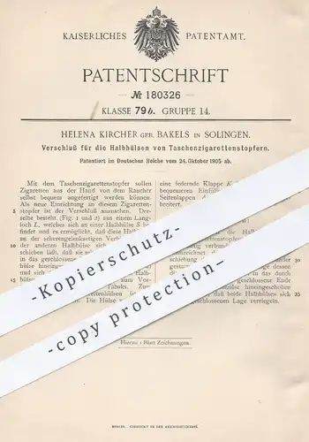 original Patent - Helena Kircher geb. Bakels , Solingen , 1905 , Verschluss für die Halbhülsen vom Zigaretten - Stopfer