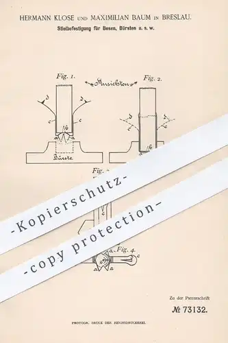 original Patent - Hermann Klose , Maximilian Baum , Breslau , 1893 , Befestigung von Stiel an Besen , Bürsten | Haushalt