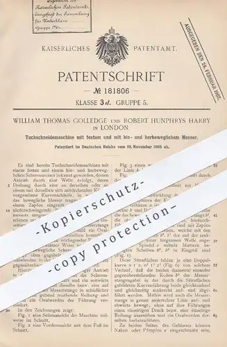 original Patent - William Thomas Golledge , Robert Hunphrys Harry , London 1905 , Tuch Schneidemaschine | Messer  Schere