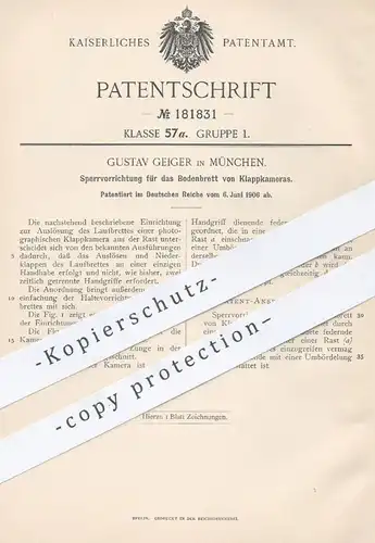 original Patent - Gustav Geiger , München , 1906 , Sperrvorrichtung für Bodenbrett an Klappkamera | Kamera , Fotograf