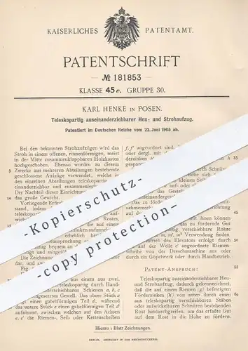 original Patent - Karl Henke , Posen , 1905 , Teleskopartig auseinanderziehbarer Aufzug für Heu , Stroh | Teleskop !!