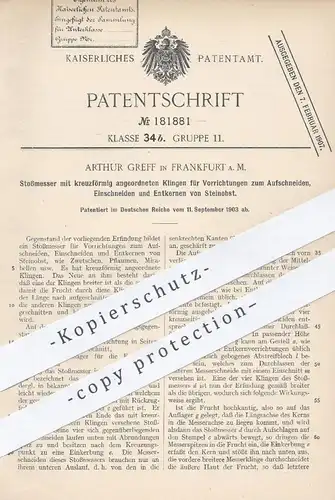 original Patent - Arthur Greff , Frankfurt / Main , 1903 , Stoßmesser zum Schneiden u. Entkernen von Steinobst | Messer