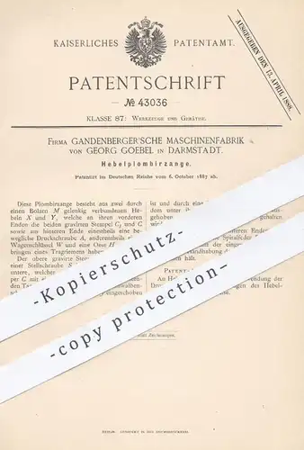 original Patent - Gandenberger'sche Maschinenfabrik von Georg Goebel , Darmstadt , 1887 , Hebel - Plombierzange | Zange