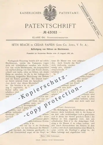 original Patent - Seth Beach , Cedar Rapids , Linn Co. Jowas , USA , 1887 , Zapfhahn an Blechkanne | Ablasshahn !!