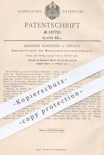 original Patent - Johannes Schlender , Berlin / Steglitz , 1902 , Umschaltventil für Wassermesserverbindungen | Ventil !