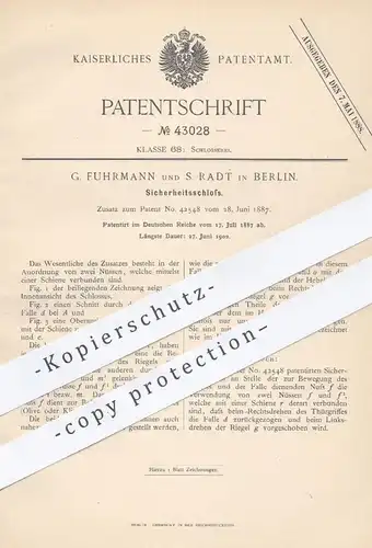 original Patent - G. Fuhrmann u. S. Radt , Berlin , 1887 , Sicherheitsschloss | Schloss , Türschloss , Tür , Schlosser !