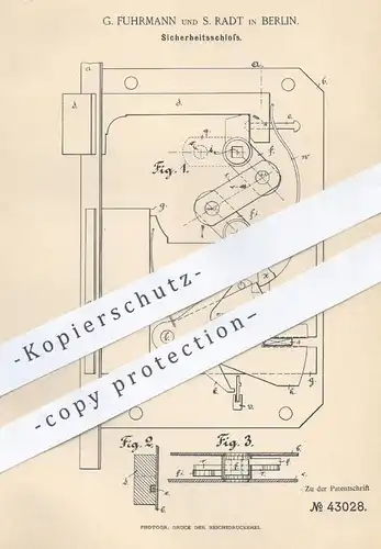 original Patent - G. Fuhrmann u. S. Radt , Berlin , 1887 , Sicherheitsschloss | Schloss , Türschloss , Tür , Schlosser !