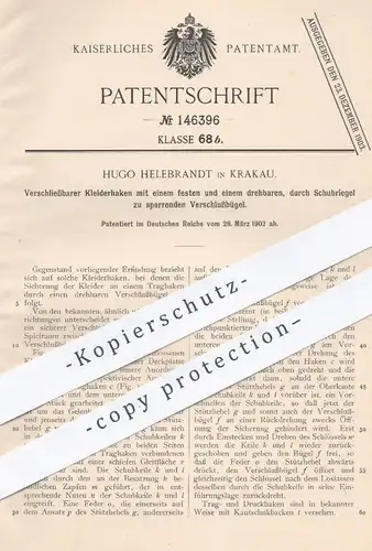 original Patent - Hugo Helebrandt , Krakau 1902 , Schließbarer Kleiderhaken | Verschluss , Riegel , Schloss , Garderobe
