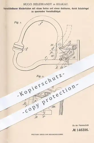 original Patent - Hugo Helebrandt , Krakau 1902 , Schließbarer Kleiderhaken | Verschluss , Riegel , Schloss , Garderobe