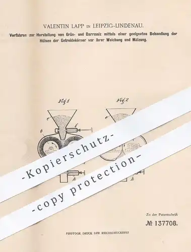 original Patent - Valentin Lapp , Leipzig , 1901 , Herstellung von Grünmalz u. Darrmalz | Malz , Bier , Brauerei !!