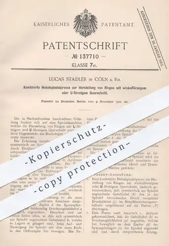 original Patent - Lucas Stadler , Köln / Rhein , 1901 , Hebelspindelpresse zur Herstellung von Ringen | Presse , Pressen