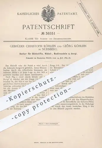 original Patent - Christoph & Georg Köhlein , Nürnberg  1885 , Halter für Bleistift , Häkelnadel , Radierer | Füllhalter