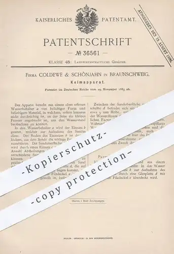 original Patent - Coldewe & Schönjahn , Braunschweig , 1885 , Keimapparat | Keimen , Saatgut , Saat , Samen , Gärtner !