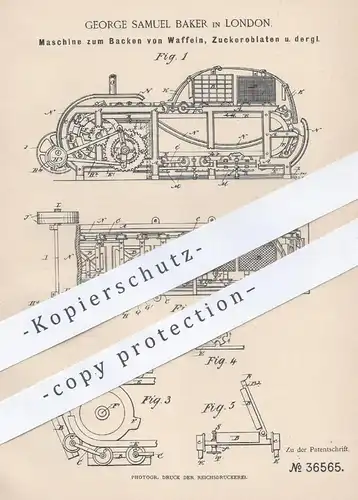 original Patent - George Samuel Baker , London , 1886 , Backen von Waffeln , Oblaten , Kuchen | Waffeleisen , Bäcker !