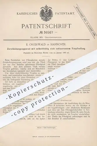 original Patent - E. Osterwald , Hannover , 1886 , Zerstäuber für Medizin | Tropf , Arzt , Apotheker , Krankenhaus !!