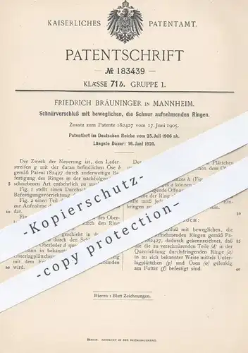 original Patent - Friedrich Bräuninger , Mannheim , 1906 , Schnürverschluss | Leder , Schuhe , Schuster , Schumacher !!