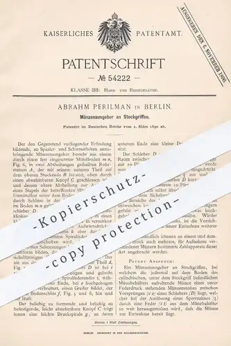 original Patent - Abrahm Perilman , Berlin , 1890 , Münzenausgeber an Stockgriffen | Stock , Schirm , Münzen , Geld !!
