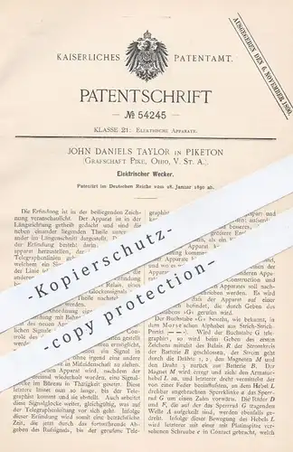 original Patent - John Daniels Taylor , Piketon , Pike , Ohio USA , 1890 , Elektrischer Wecker | Telegraph , Uhr , Uhren