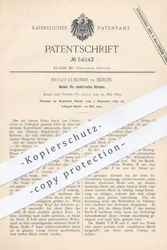 original Patent - Hugo Lubliner , Berlin , 1889 , Relais für elektrische Ströme | Strom , Elektrik , Elektriker , Magnet