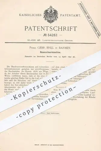 original Patent - Gebrüder Brill , Barmen , 1890 , Rasenscheermaschine | Rasen - Scheermaschine | Rasenmäher , Gärtner
