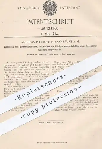 original Patent - Andreas Pittroff , Frankfurt / Main  1901 , Brandsohle für Rahmenschuhwerk | Schuhe , Schuster , Sohle