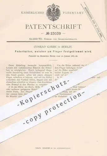 original Patent - Conrad Garbe , Berlin , 1883 , am Finger festgeklemmter Federhalter | Füllhalter , Füller , Stift !!