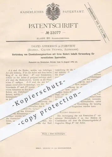original Patent - David Anderson , Fairview , Stawell , Victoria , Australien 1882 , Verbindung von Eisenbahn - Achsen