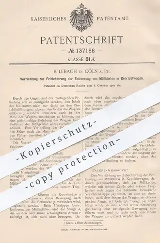original Patent - E. Lebach , Köln , 1901 , Entleerung von Müllkästen in Müllwagen | Müll - Entsorgung | Müllkasten !!