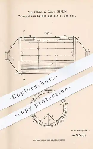 original Patent - Alb. Fesca & Co. , Berlin , 1897 , Trommel zum Keimen und Darren von Malz | Bier , Brauerei , Hopfen