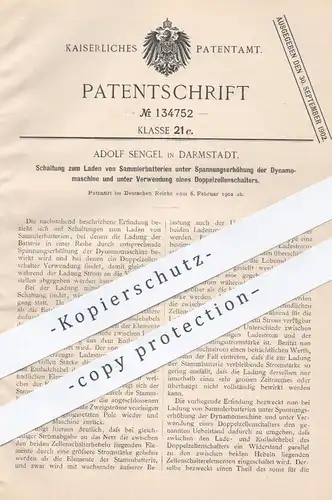 original Patent - Adolf Sengel , Darmstadt , 1902 , Schaltung zum Laden von Sammlerbatterien | Batterie , Dynamo , Strom