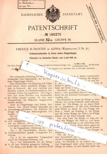 original Patent -  E. H. Painter in Alpha , Washington, USA , 1905 , Fadenabschneider in Form eines Fingerringes !!!