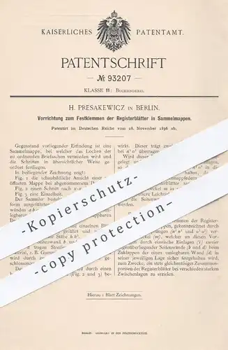 original Patent - H. Presakewicz , Berlin 1896 , Festklemmen der Registerblätter in Sammelmappen | Ordner , Büromaterial