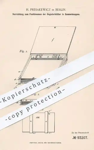 original Patent - H. Presakewicz , Berlin 1896 , Festklemmen der Registerblätter in Sammelmappen | Ordner , Büromaterial
