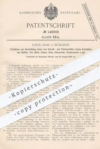 original Patent - Louis Graf , München , 1901 , Eiweiß- u. Pektinstofffreies Extrakt aus Kaffee , Tee , Kakao , Cola