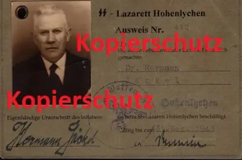 Ausweis - Dr. Hermann Jäckel , Hohenlychen 1943 , Mecklenburg , Arzt , Lazarett !!!