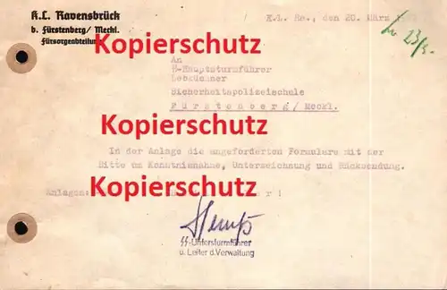 Schreiben vom KZ Ravensbrück an Dr. Lebküchner , Polizeischule Fürstenberg , Mecklenburg , Polizei , SS !!!