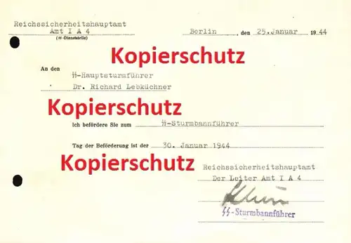 Schreiben vom Reichssicherheitshauptamt , 1944 , Beförderung von Dr. Lebküchner , SS !!!