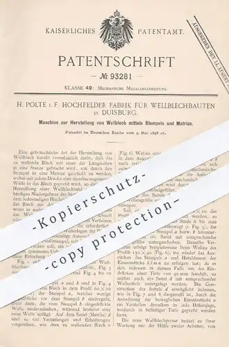 original Patent - H. Polte | Hochfelder Fabrik für Wellblechbauten , Duisburg , 1896 , Herstellung von Wellblech | Blech