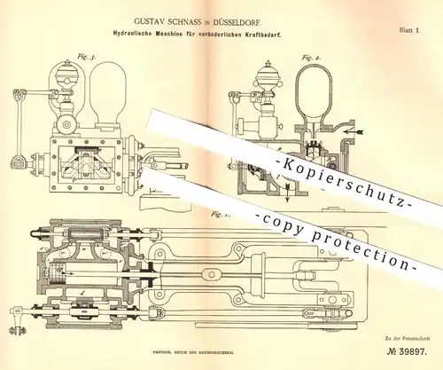 original Patent - Gustav Schnass , Düsseldorf , 1886 , Hydraulische Maschine für veränderlichen Kraftbedarf | Motor !!