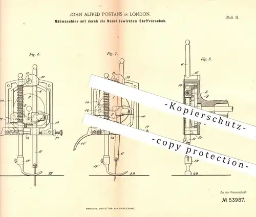 original Patent - John Alfred Postans , London , 1889 , Nähmaschine mit Stoffvorschub | Nähmaschinen , Nähen , Schneider