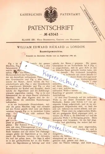 original Patent - William Edward Rickard in London , 1887 , Baumsägemaschine !!!