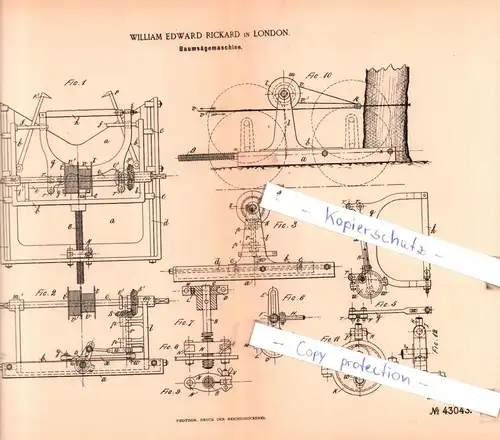 original Patent - William Edward Rickard in London , 1887 , Baumsägemaschine !!!