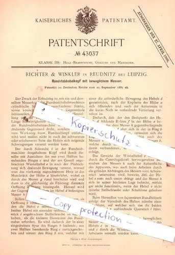 original Patent - Richter & Winkler in Reudnitz bei Leipzig , 1887 , Rundstabhobelkopf mit beweglichem Messer !!!