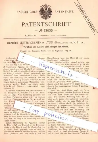 original Patent - Herbert Lester Currier in Lynn , USA , 1887 , Verfahren und Apparat zum Reinigen von Rohren !!!