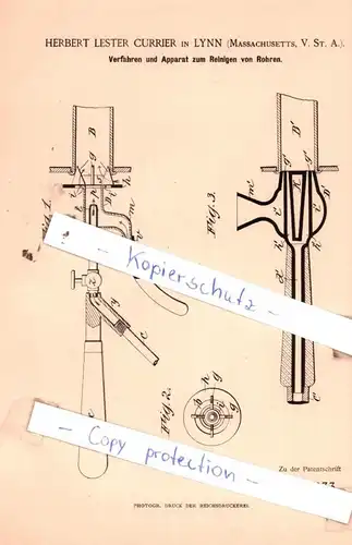original Patent - Herbert Lester Currier in Lynn , USA , 1887 , Verfahren und Apparat zum Reinigen von Rohren !!!