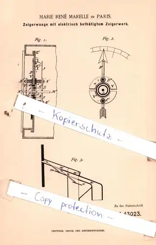 original Patent - Marie Renè Marelle in Paris , 1886 , Zeigerwaage mit elektrisch bethätigtem Zeigerwerk !!!