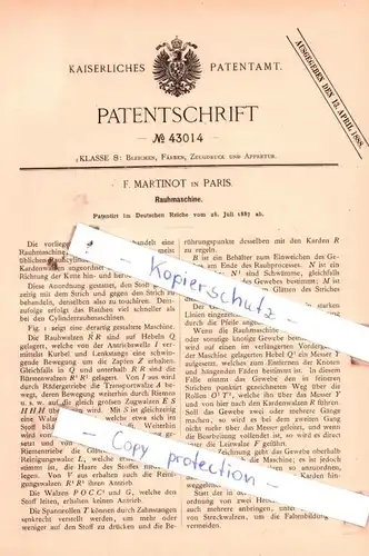 original Patent - F. Martinot in Paris , 1887 ,  Rauhmaschine !!!